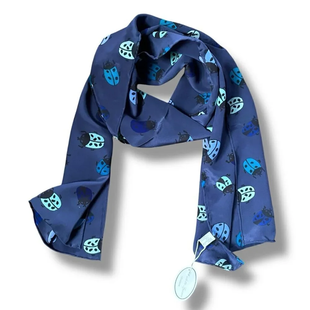 Vintage Charlotte Sparre Denmark Womens Scarf Navy Blue Silk Ladybug Print 63x13